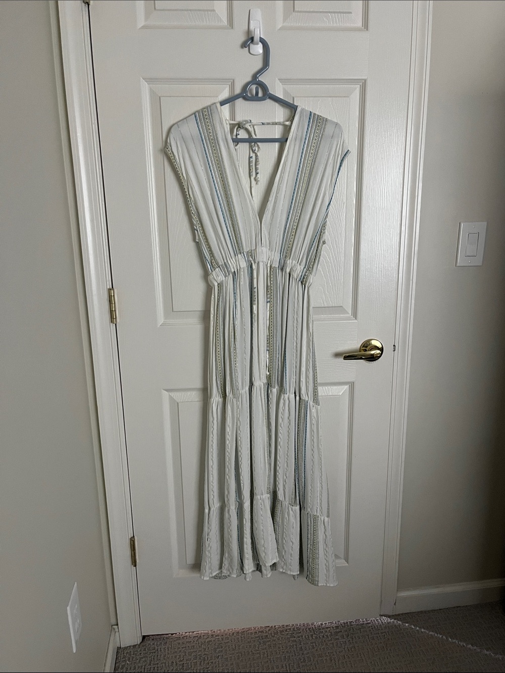 Elan Cream Maxi Dress with Blue and Tan Stripes Size Small - Picture 4 of 6